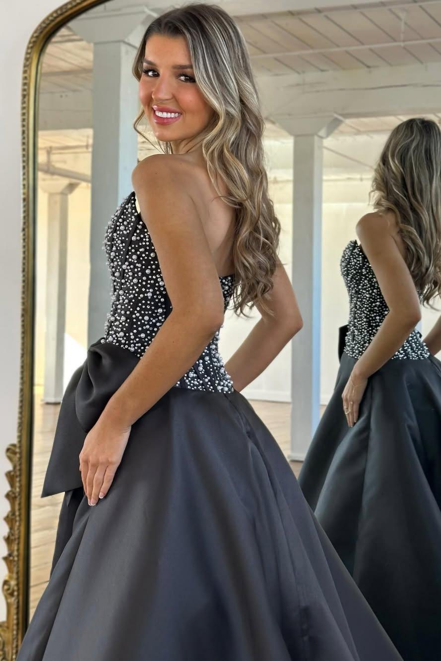 Charming A Line Strapless Yellow Satin Prom Dress with Beading Bowknot
