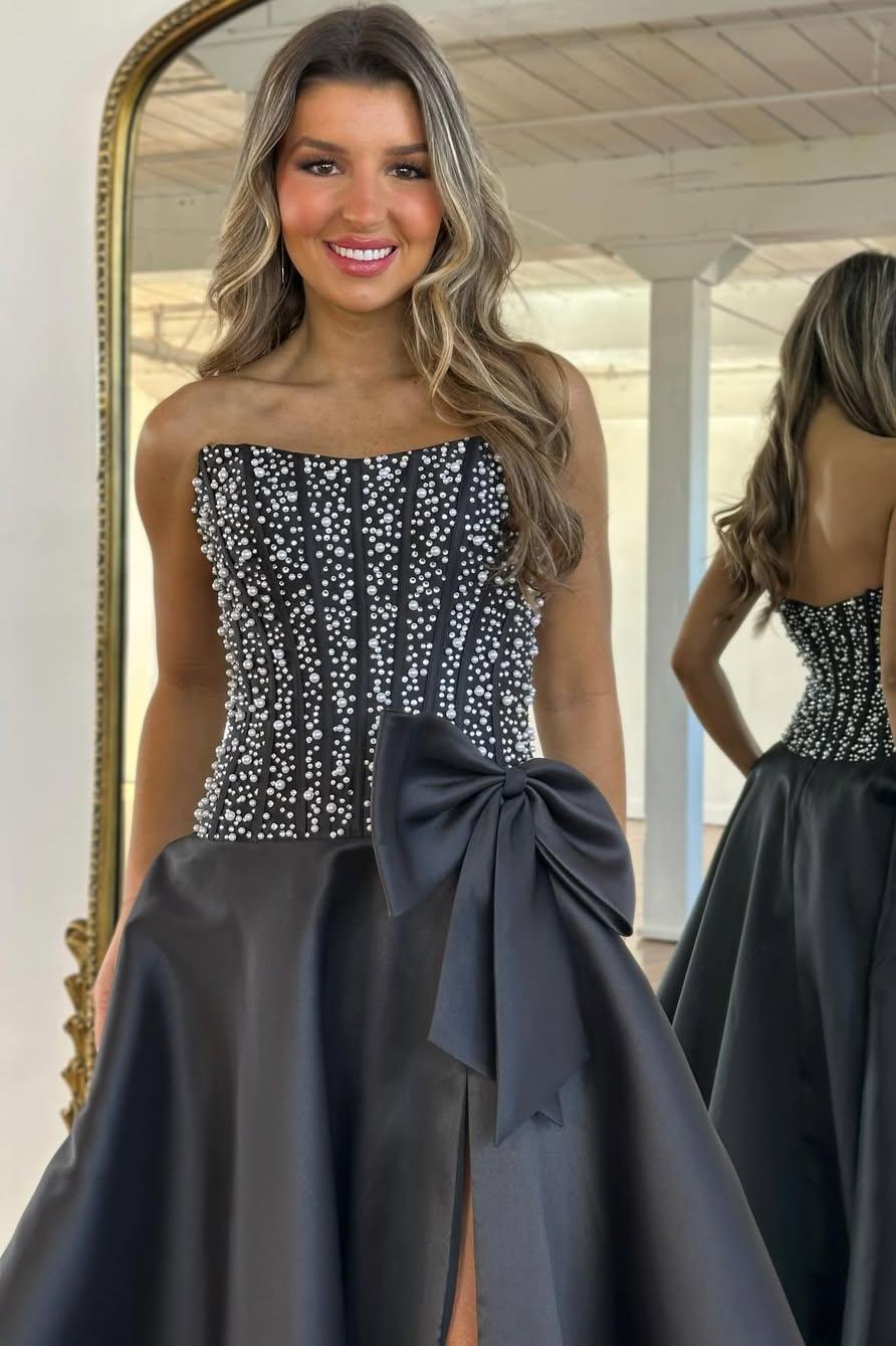 Luxurious A Line Strapless Black Satin Prom Dress with Beading Bowknot