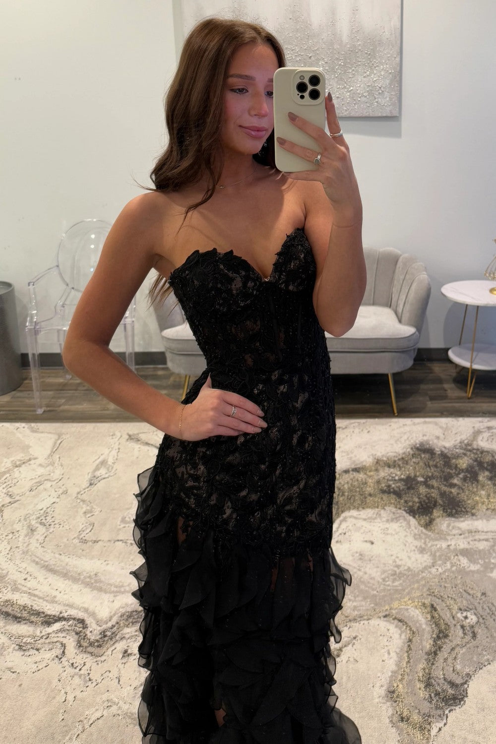 Gorgeous Mermaid Sweetheart Black Long Prom Dress with Appliques Ruffles