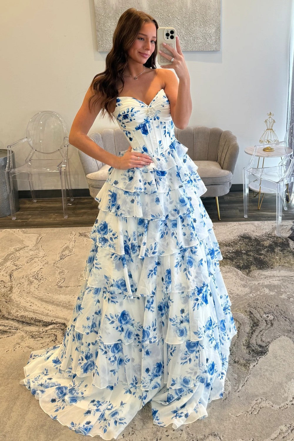 Gorgeous A Line Sweetheart Blue Corset Prom Dress with Ruffles