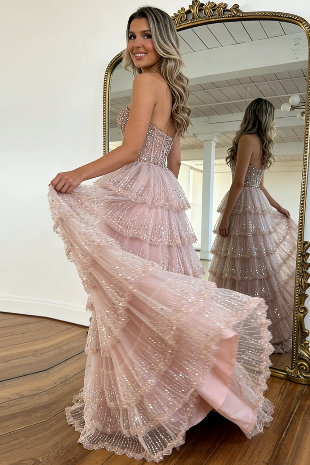 Gorgeous A Line Sweetheart Blush Pink Lace Up Tiered Tulle Prom Dress with Sparkle