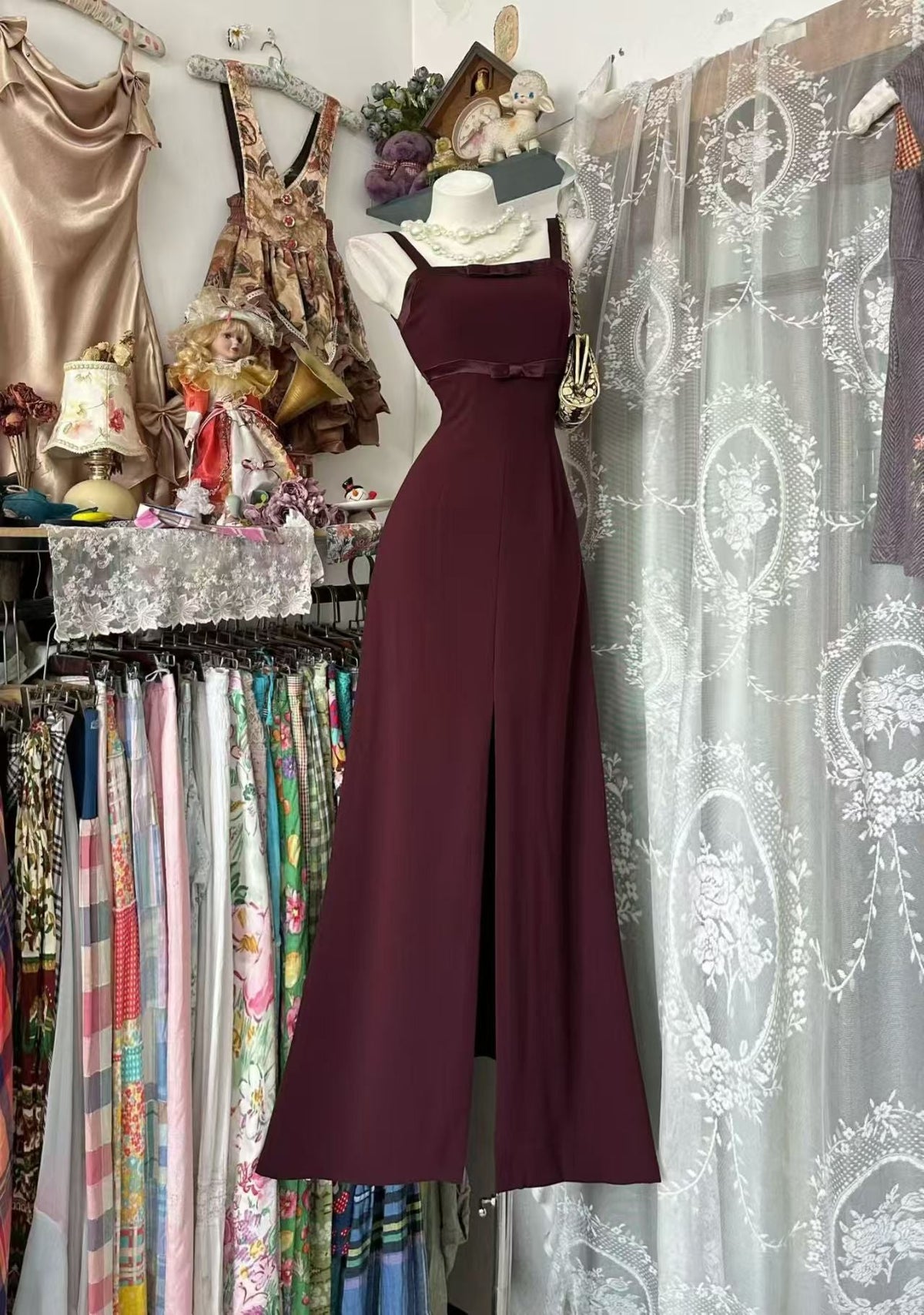 Elegant Burgundy Chiffon Formal Prom Dress Retro Evening Dress