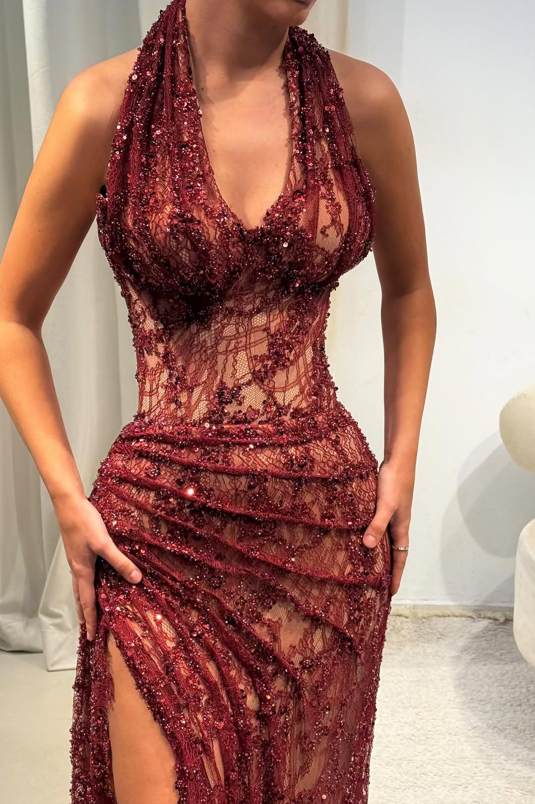 Hot Burgundy Sequin Lace Halter Prom Dress with Fitted Silhouette and Illusion Bodice