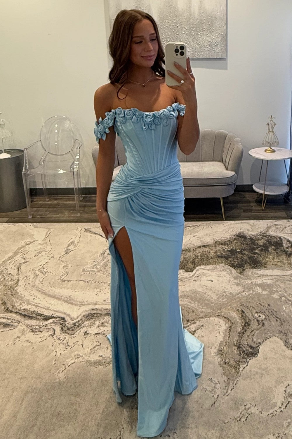 Chic Mermaid Off the Shoulder Blue Corset Prom Dress with 3D Flowers