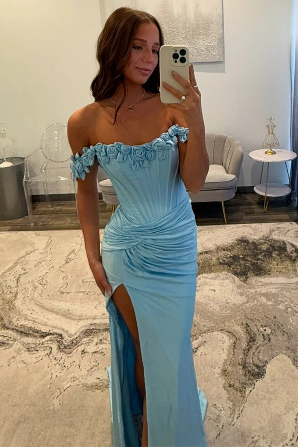 Chic Mermaid Off the Shoulder Blue Corset Prom Dress with 3D Flowers