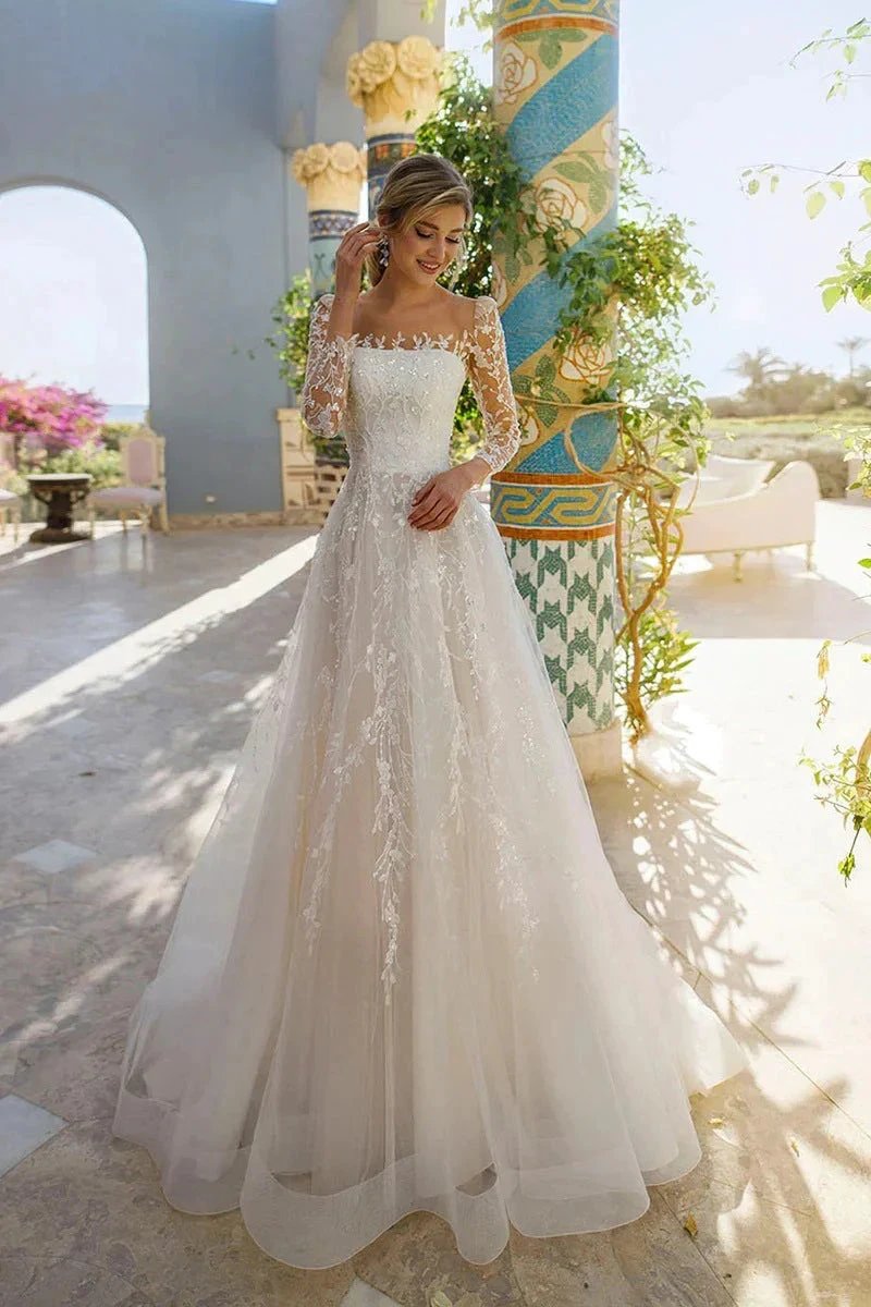 Elegant Long Sleeves Scoop Neck Lace Appliques Beach Wedding Dress WD681 by pgmdress