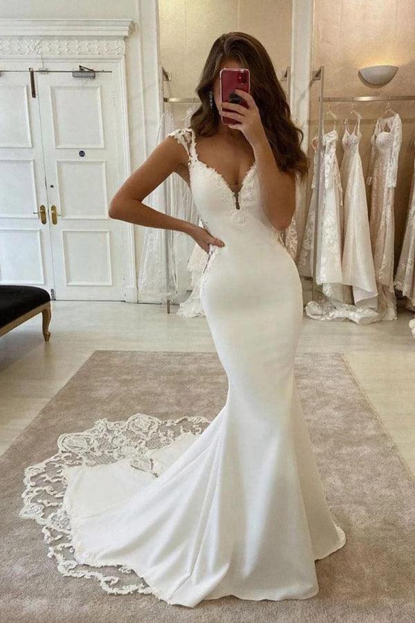 Elegant Mermaid Cap Sleeve V Neck Satin Wedding Dress With Lace Appliques (ZD16217)