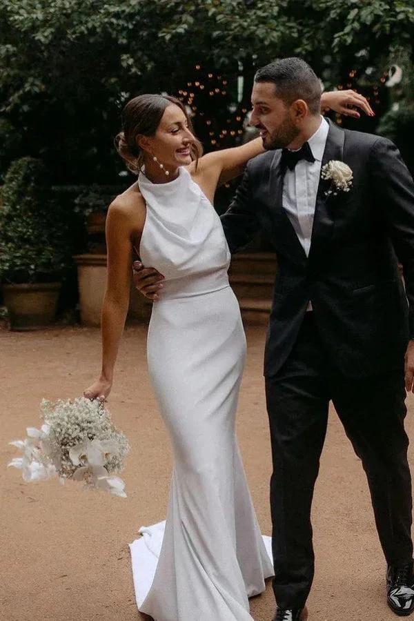 Elegant Mermaid Halter Modest Wedding Dress Simple Bridal Gown WD738 by pgmdress
