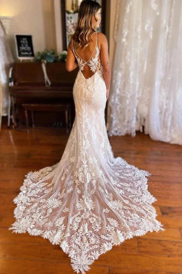 Elegant Mermaid V Neck Lace Bohemian Wedding Dresses with Court Train (ZD16142)