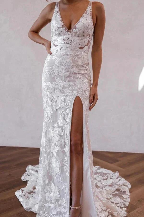 Elegant Mermaid V Neck Lace Boho Wedding Dresses with Slit (ZD16144)
