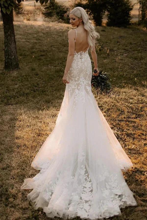 Elegant Mermaid V Neck Lace Long Wedding Dresses with Appliques (ZD16130)