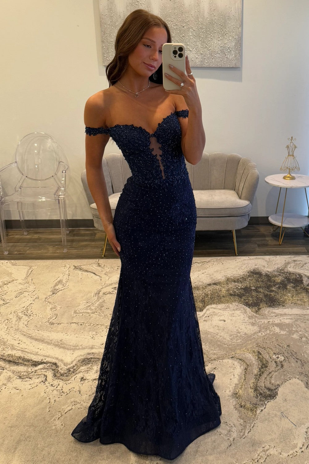 Stunning Mermaid Off the Shoulder Navy Long Prom Dress with Appliques Beading