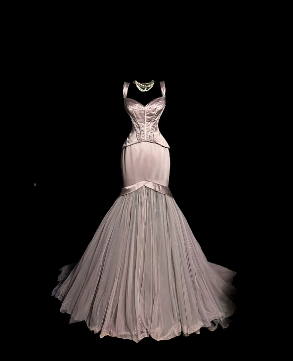 Elegant Pink Mermaid Stain Prom Dress Tulle Formal Evening Dress