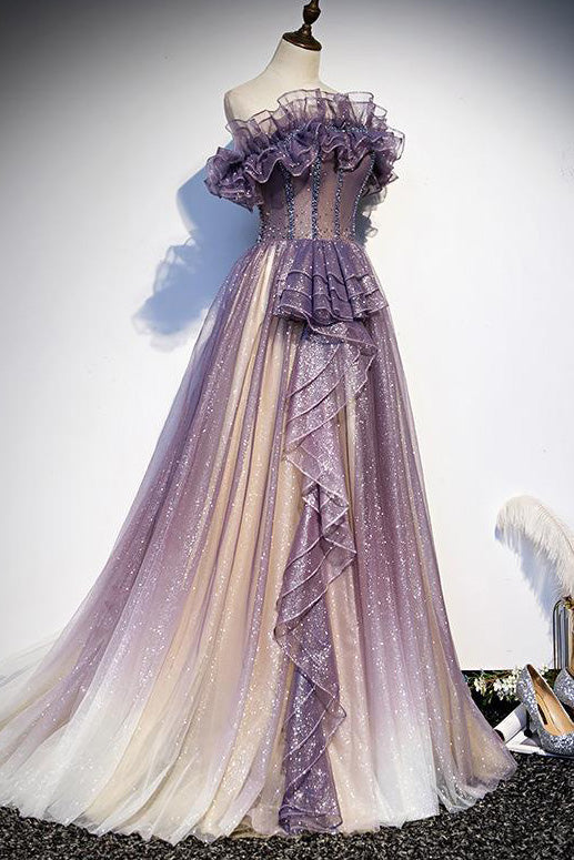 Elegant Purple Gradient A-Line Evening Prom Dresses - Fashionpara