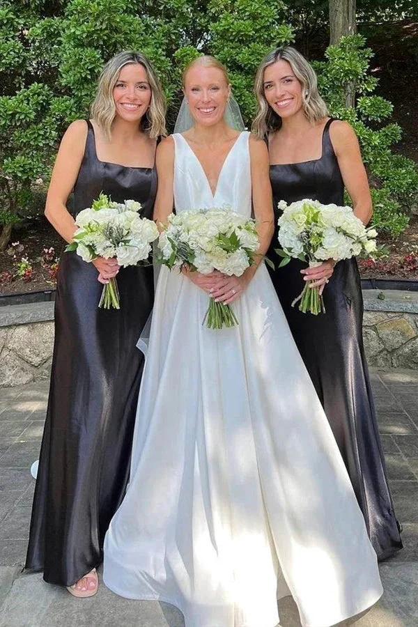 Elegant Square Neck Long Black Bridesmaid Dress (ZD12838)