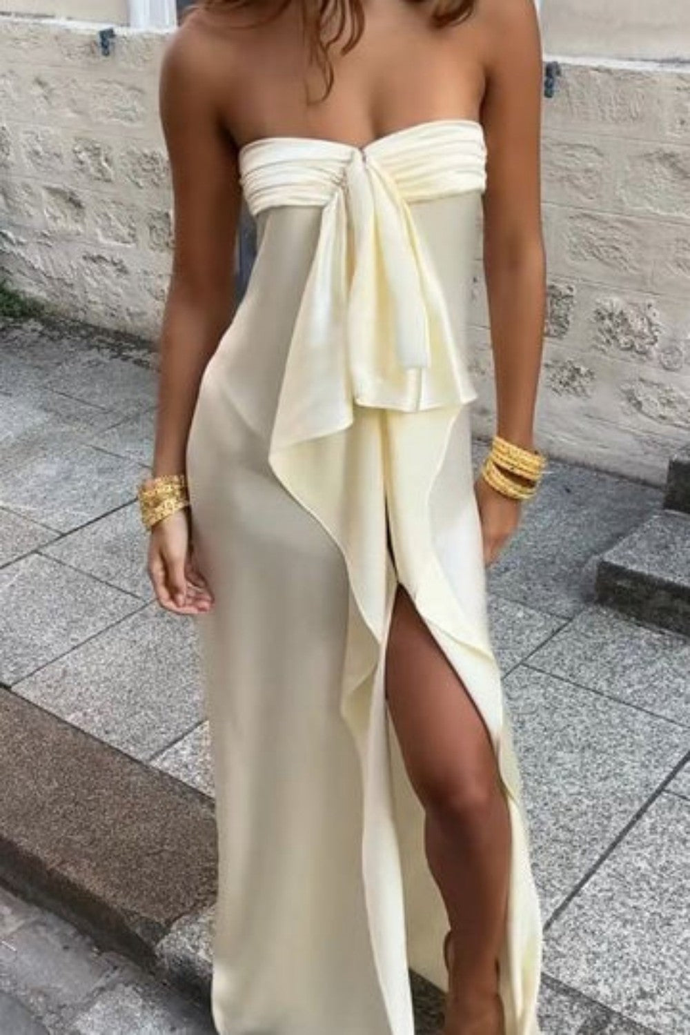 Trendy Sheath Strapless Ivory Satin Long Prom Dress with High Slit & Ruffle Layers