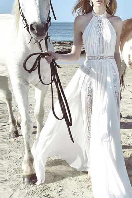 Elegant White Halter Long Prom Dress - Fashionpara