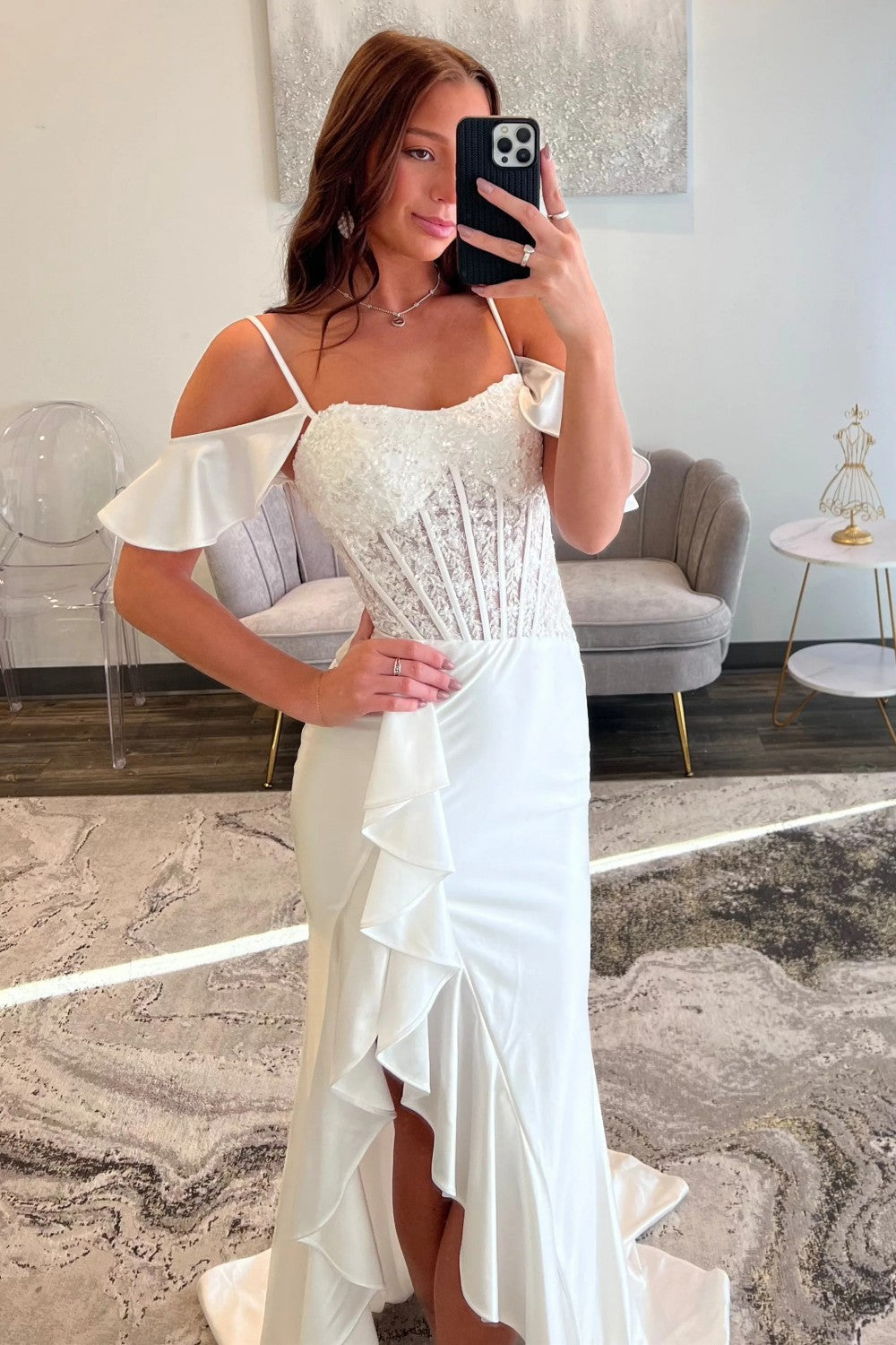 Beautiful Mermaid Off the Shoulder White Corset Prom Dress with Appliques Ruffles