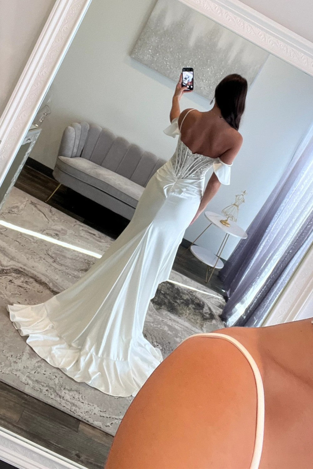 Beautiful Mermaid Off the Shoulder White Corset Prom Dress with Appliques Ruffles