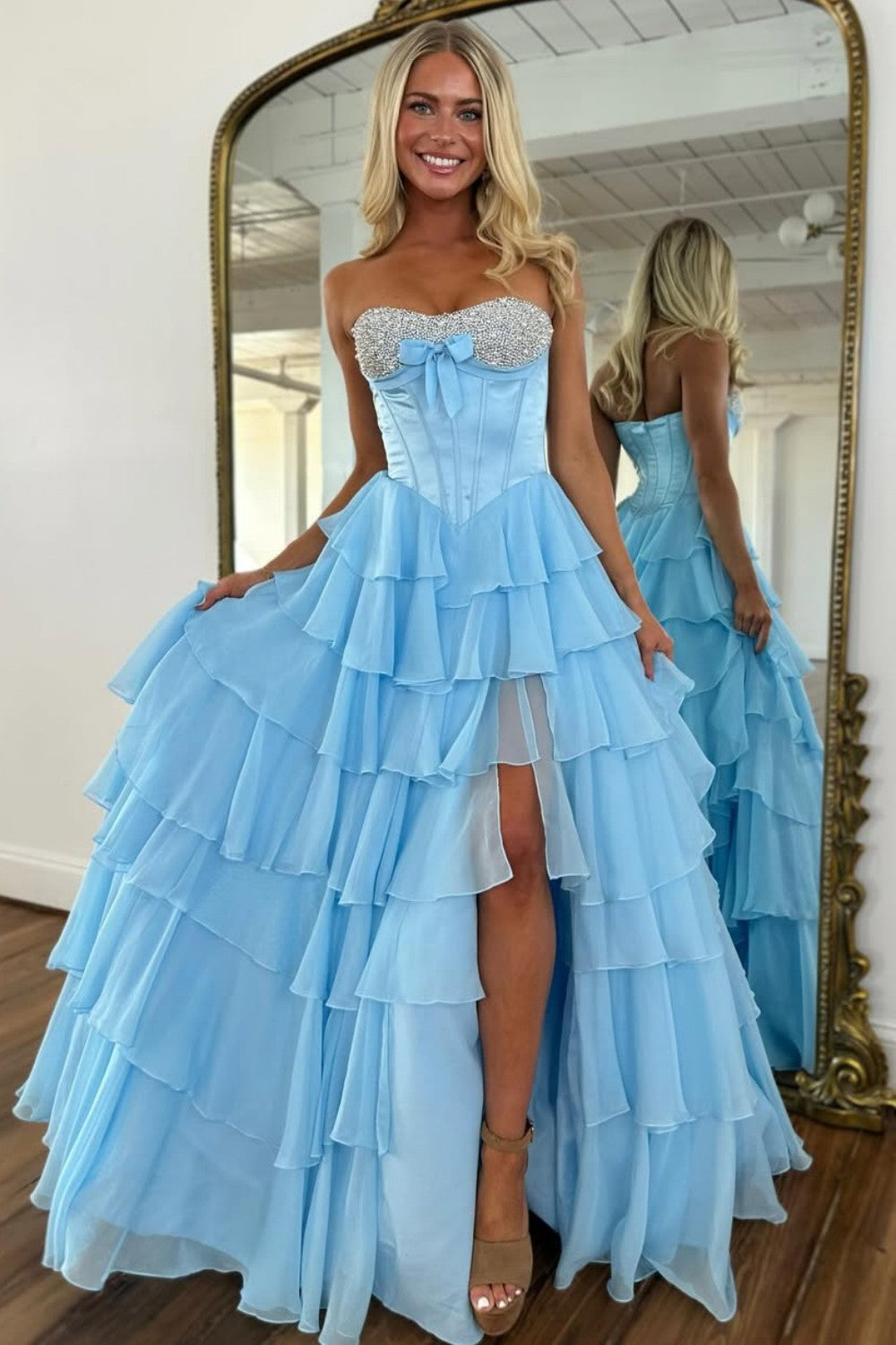Princess A Line Sweetheart Pink Corset Prom Dress with Beading Ruffles