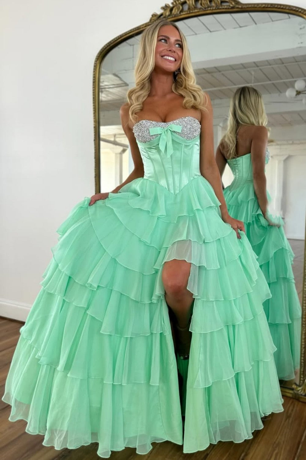 Princess A Line Sweetheart Pink Corset Prom Dress with Beading Ruffles