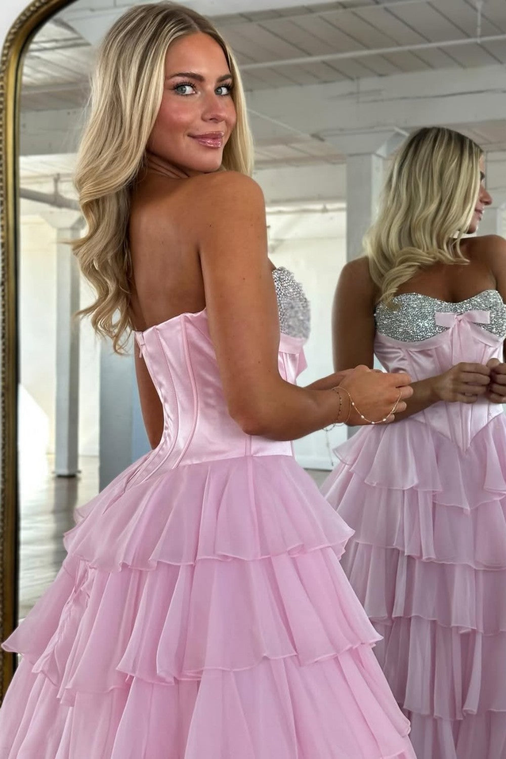 Princess A Line Sweetheart Pink Corset Prom Dress with Beading Ruffles