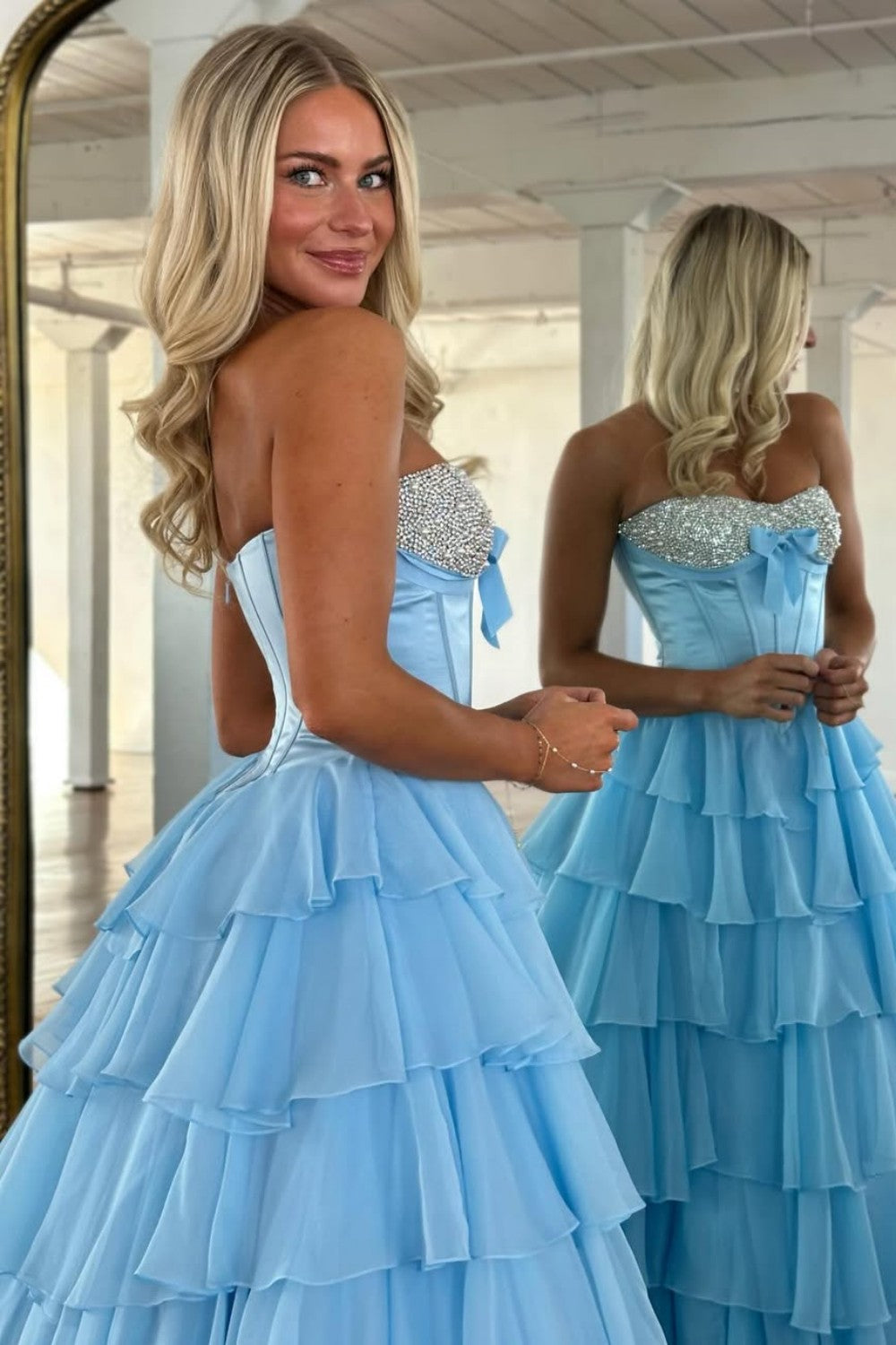 Princess A Line Sweetheart Pink Corset Prom Dress with Beading Ruffles