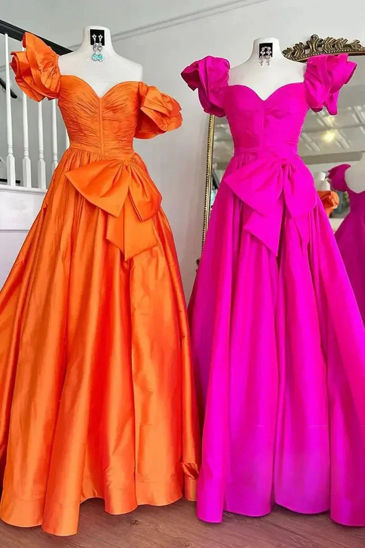 Elegant Orange A-Line Off The Shoulder Long Satin Prom Dress with Bowknot