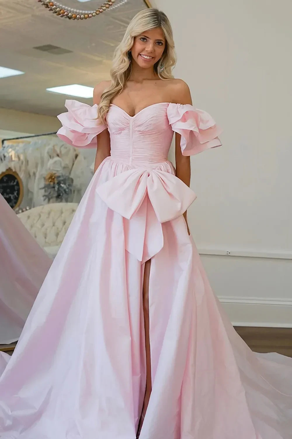 Elegant Orange A-Line Off The Shoulder Long Satin Prom Dress with Bowknot