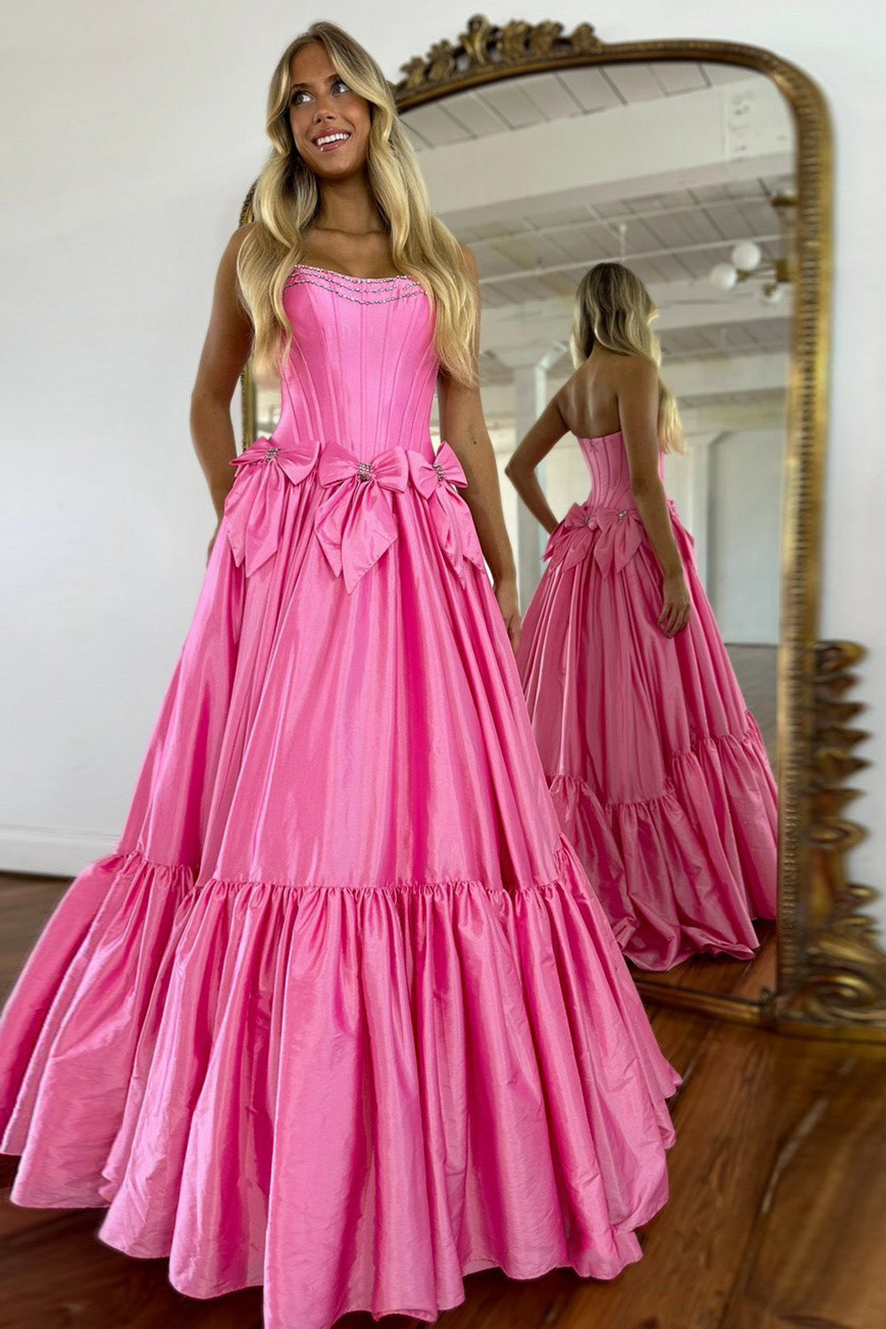 Elegant A-Line Strapless Long Satin Prom Dress with Bowknot - FashionDia