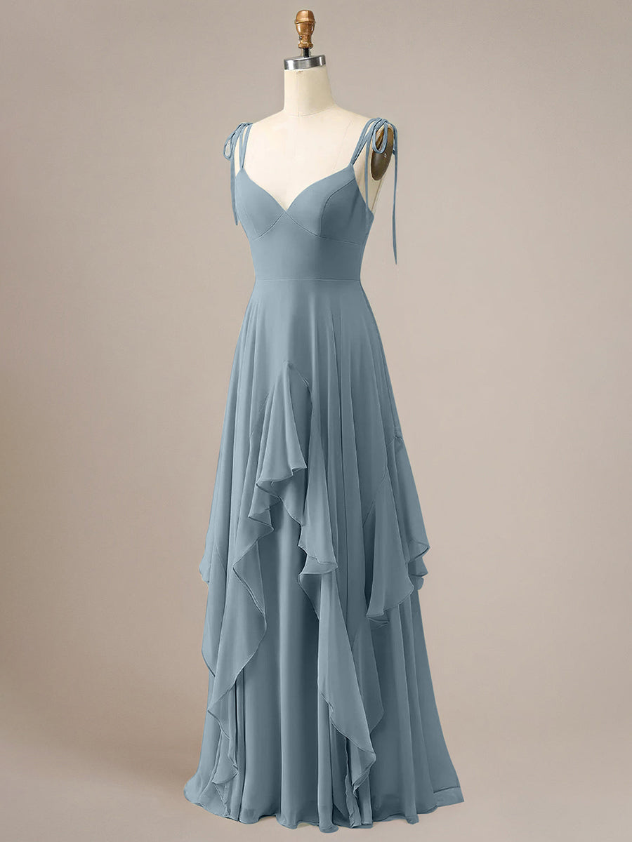 Elegant Dusty Blue A Line Spaghetti Straps Chiffon Long Bridesmaid Dress with Ruffles