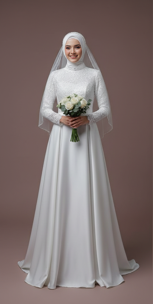 Elegant Muslim Wedding Dress Modest A-Line Satin High Coverage Bride