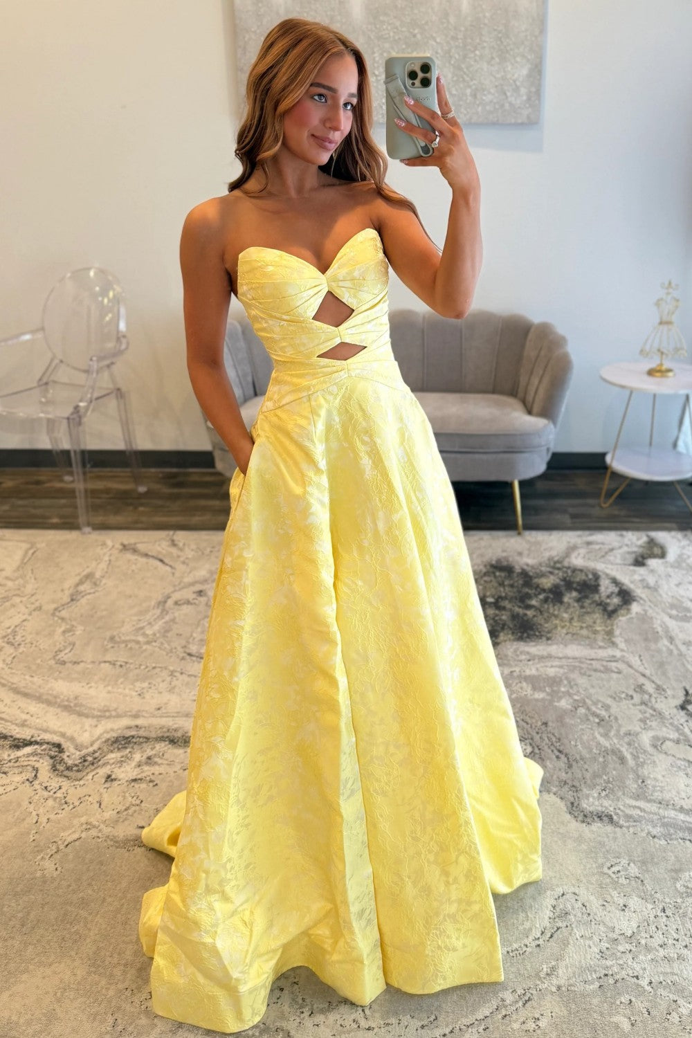Sparkly A Line Sweetheart Yellow Long Prom Dress with Keyhole