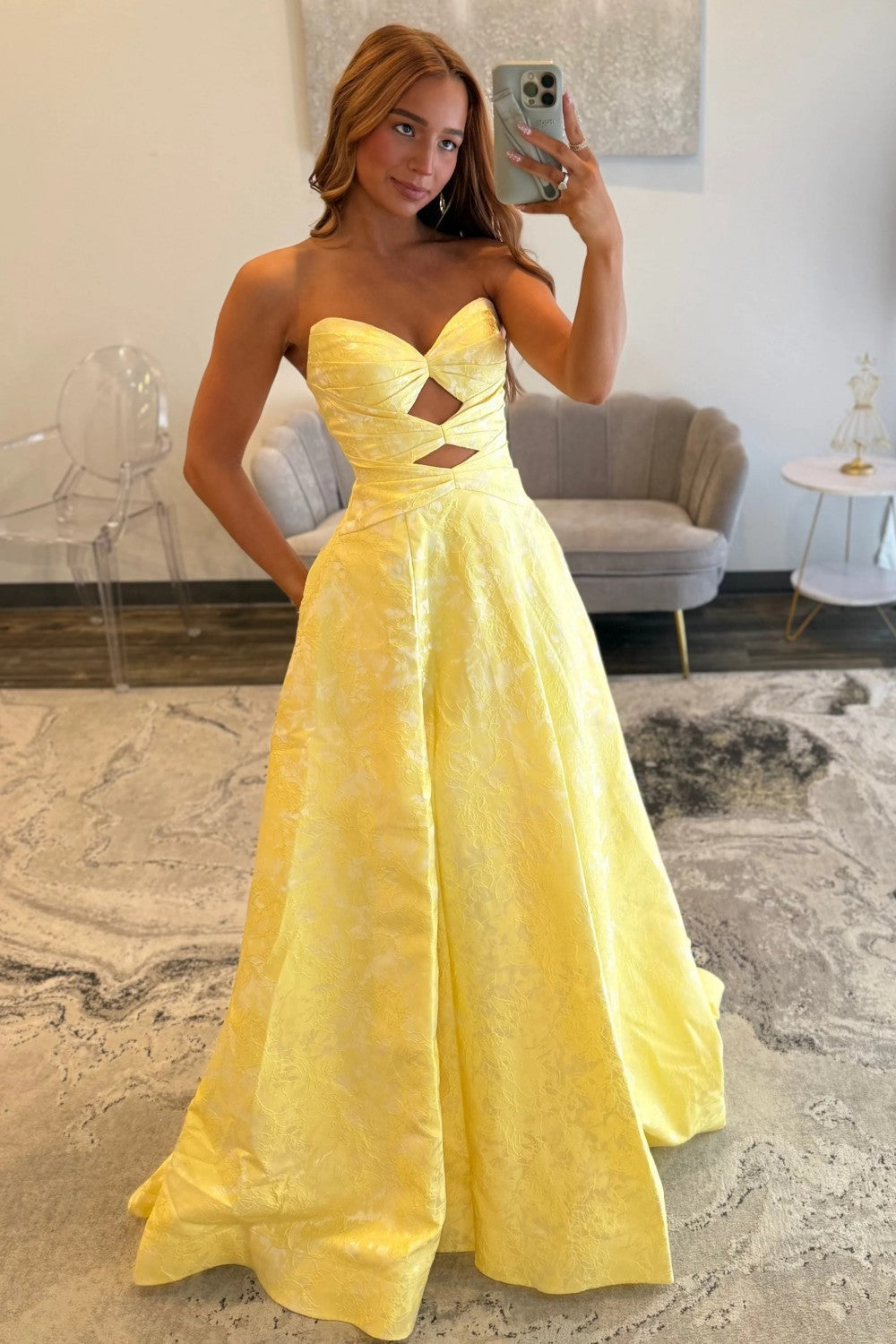 Sparkly A Line Sweetheart Yellow Long Prom Dress with Keyhole