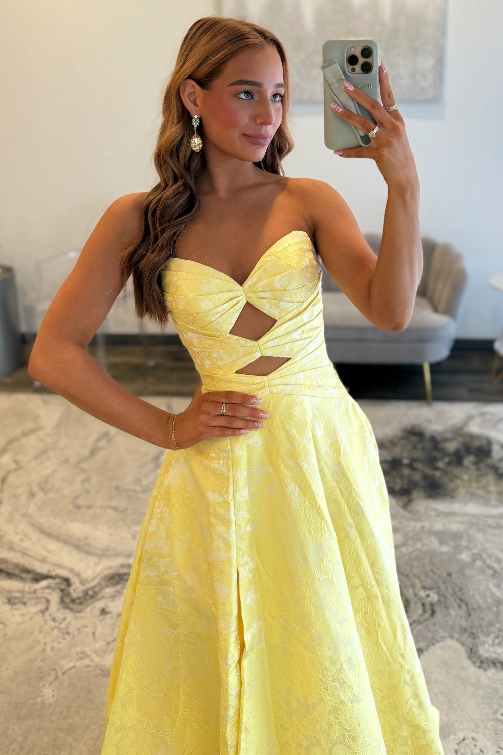 Sparkly A Line Sweetheart Yellow Long Prom Dress with Keyhole