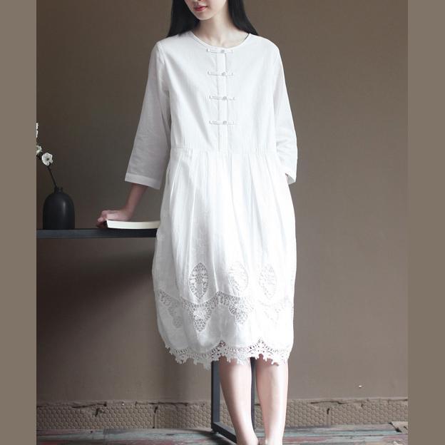 Elegant lace patchwrok white cotton dresses long sleeve maxi dress plus size cotton clothing