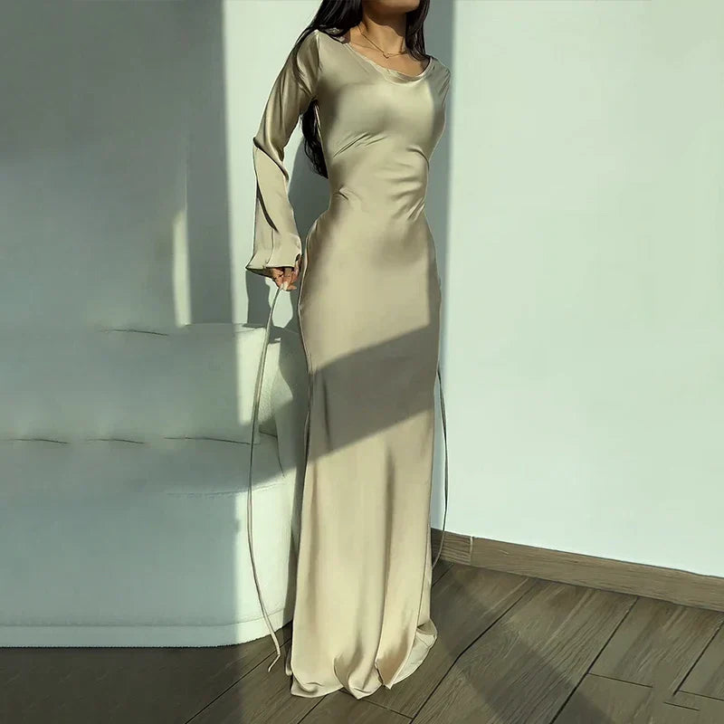 Autumn Style Slim Flare Sleeve Lace Up Maxi Dress
