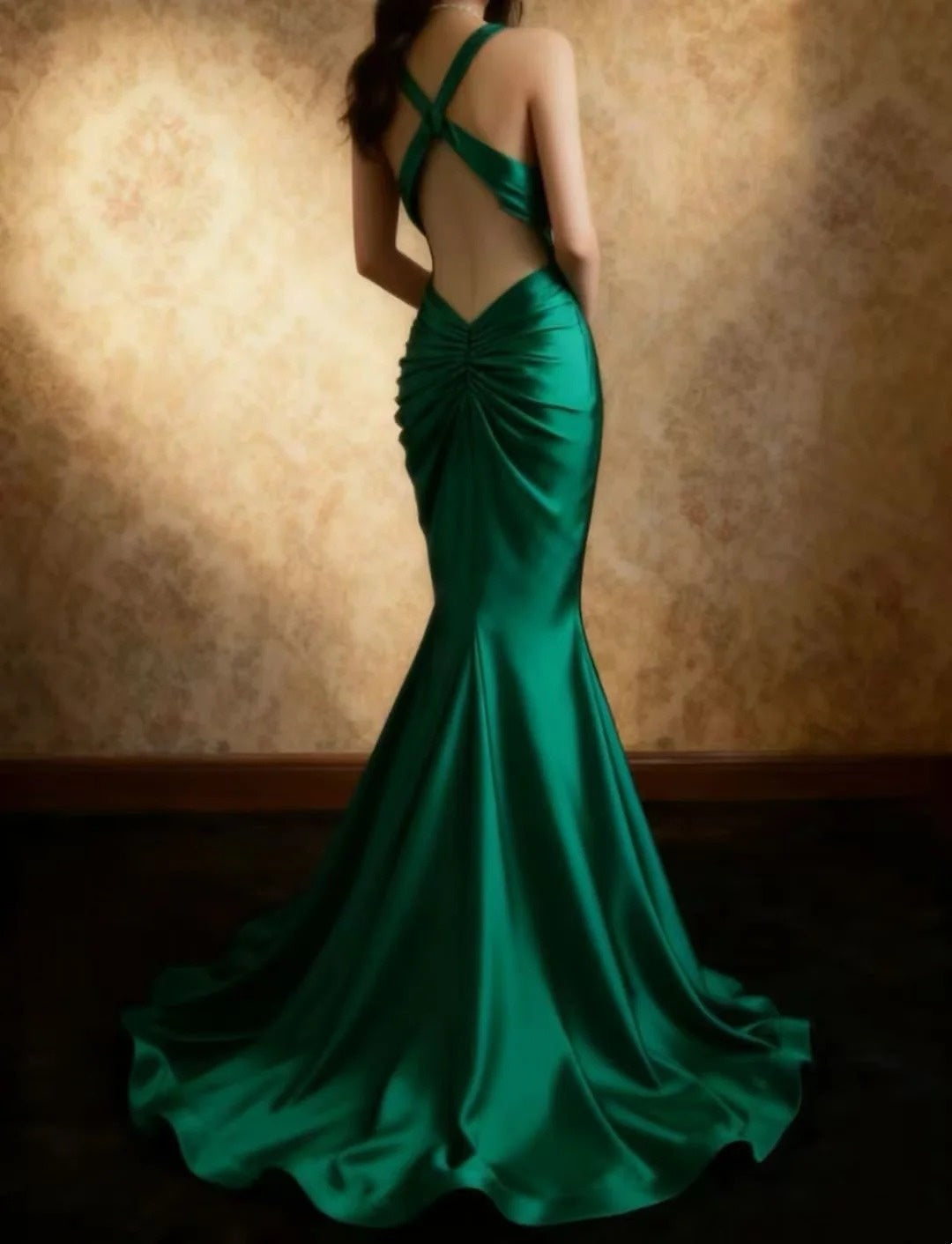 Emerald Green Mermaid Satin Prom Dress Open Back Evening Gown  J10515