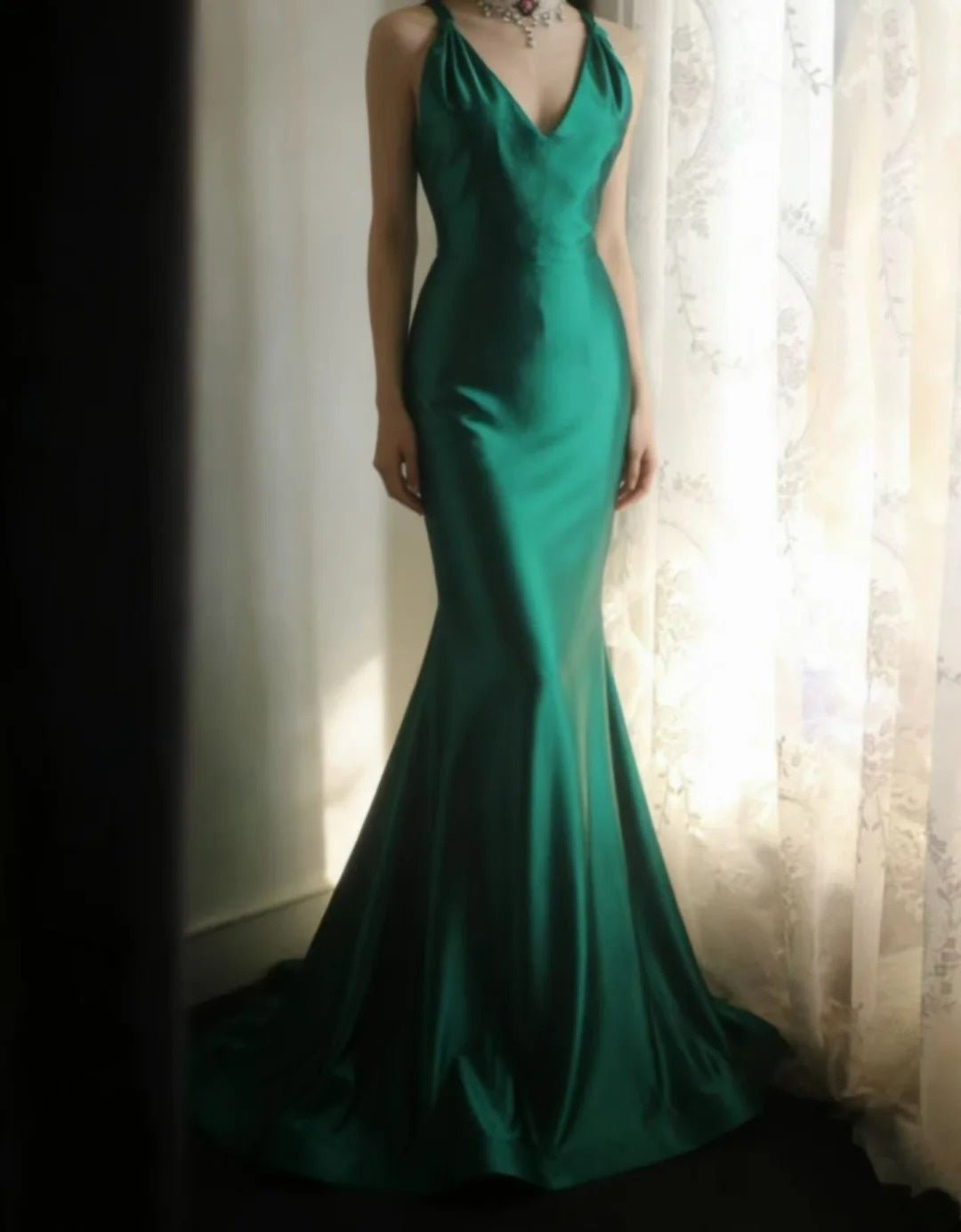 Emerald Green Mermaid Satin Prom Dress Open Back Evening Gown  J10515