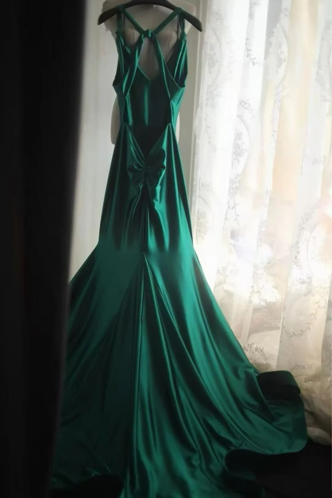 Emerald Green Mermaid Satin Prom Dress Open Back Evening Gown  J10515