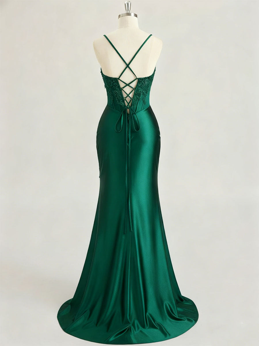 Emerald Green Ruched Waist Satin Corset Prom Dress with Sheer Lace Side Panel