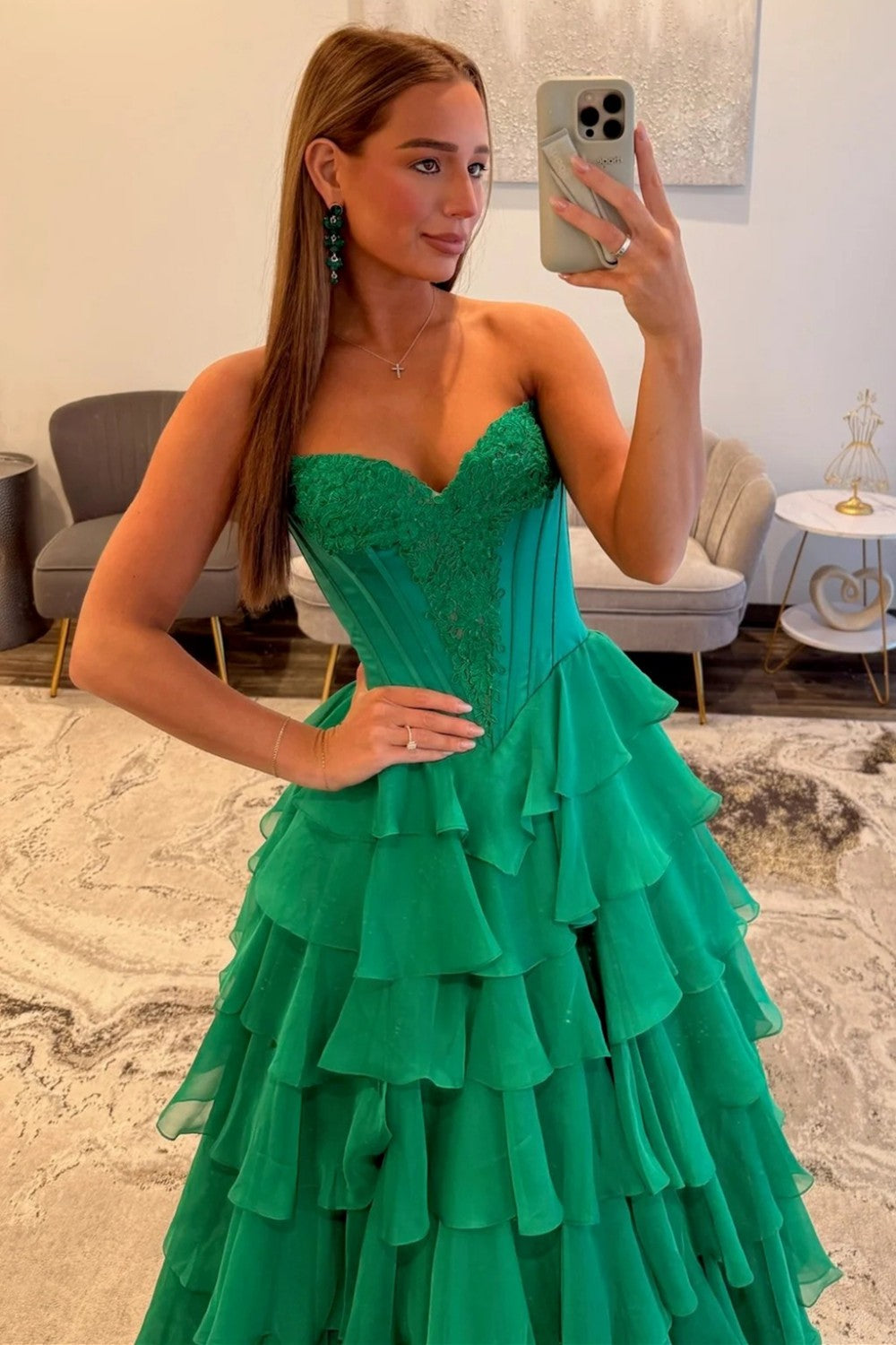 Princess A Line Sweetheart Green Corset Prom Dress with Appliques Ruffles