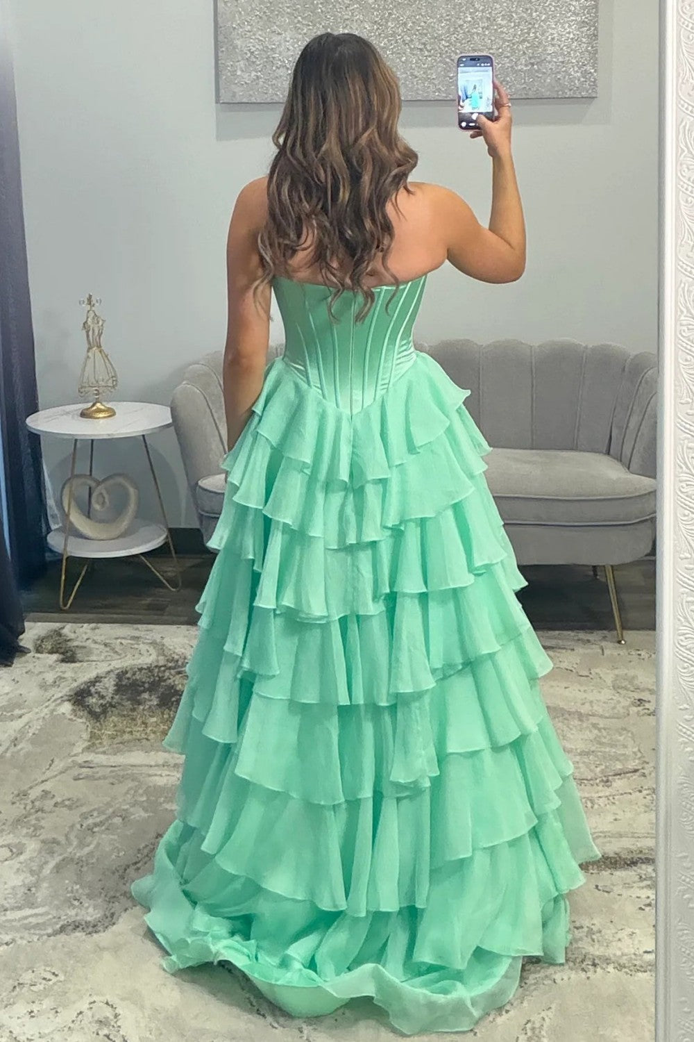 Princess A Line Sweetheart Green Corset Prom Dress with Appliques Ruffles
