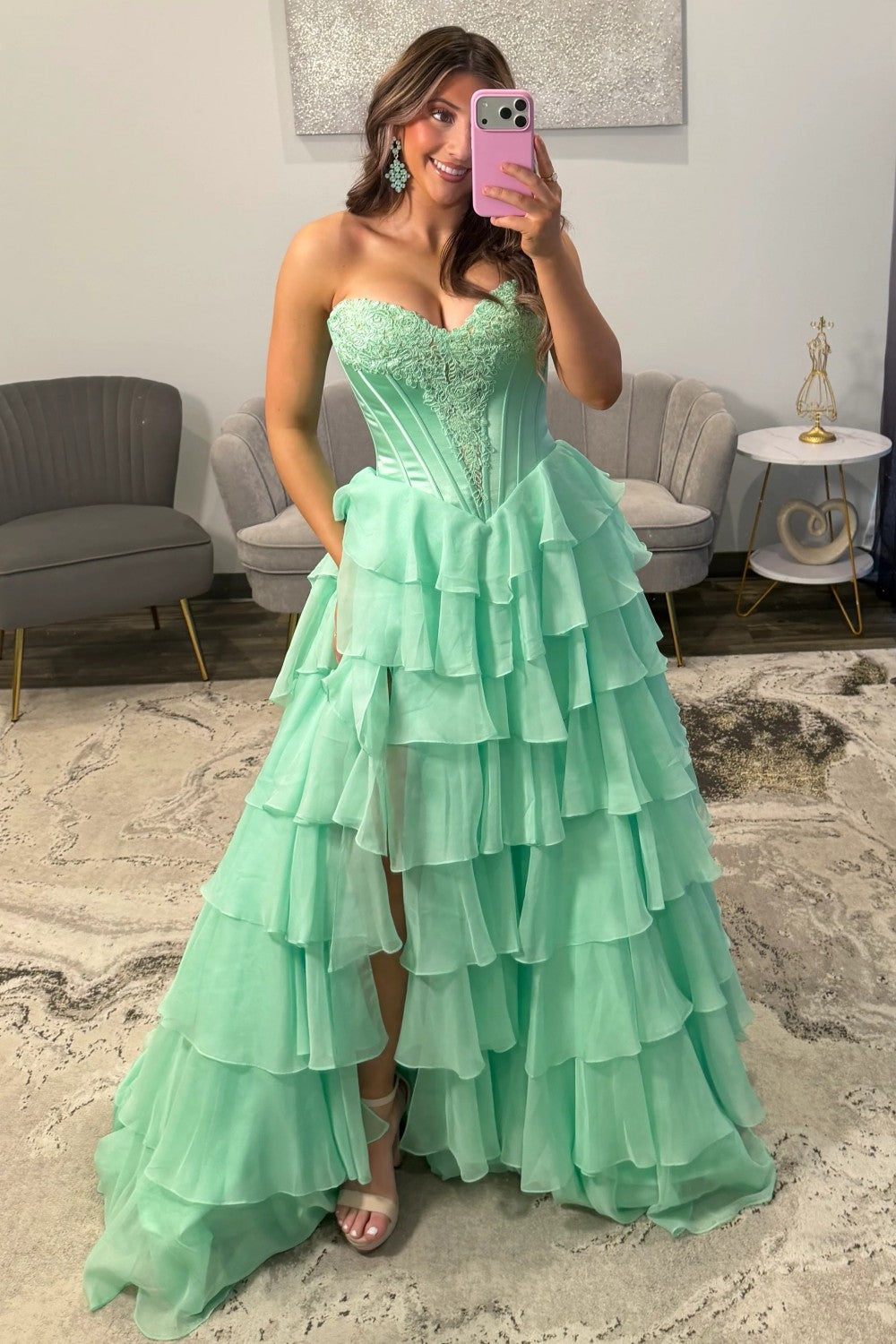 Princess A Line Sweetheart Green Corset Prom Dress with Appliques Ruffles