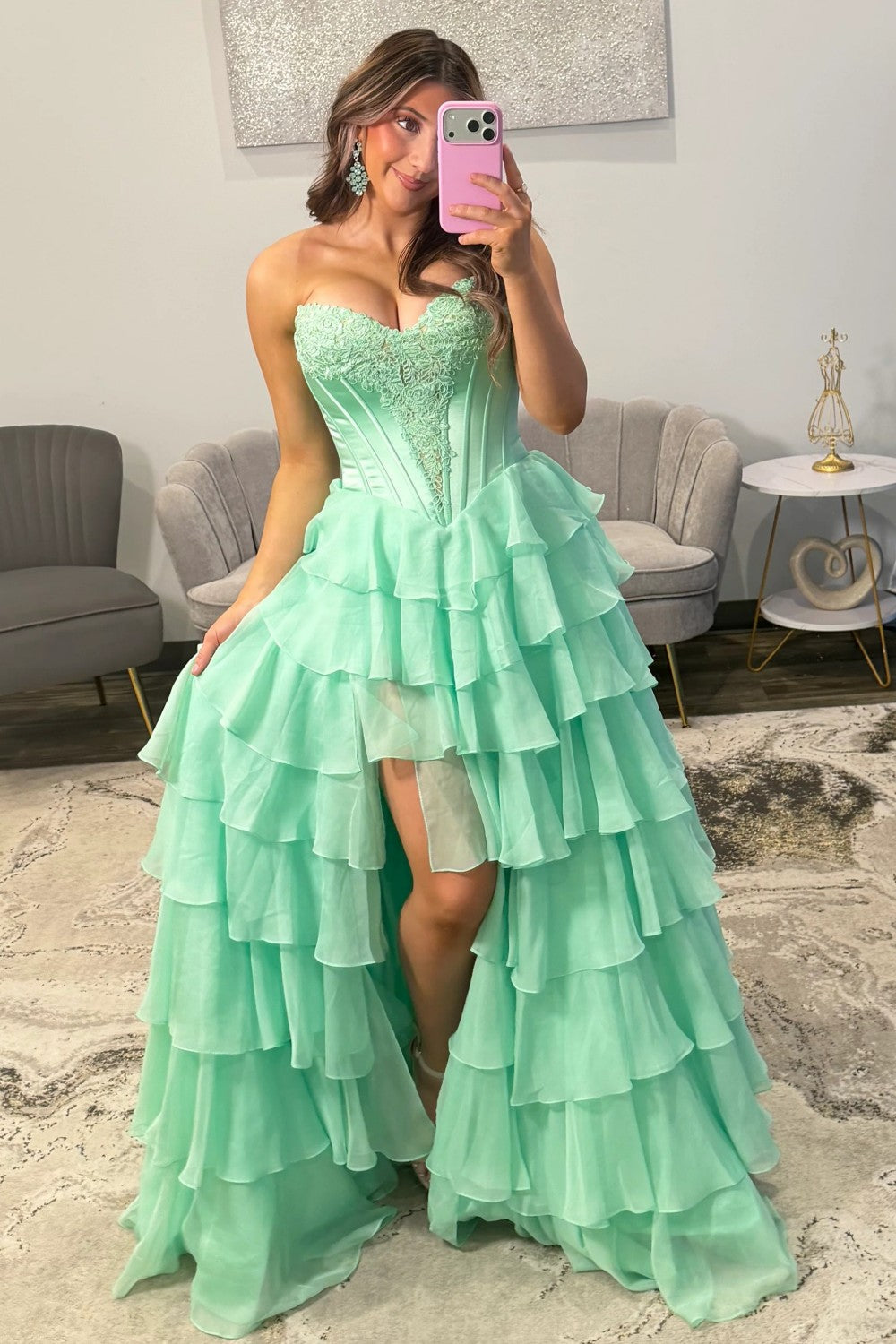 Princess A Line Sweetheart Green Corset Prom Dress with Appliques Ruffles