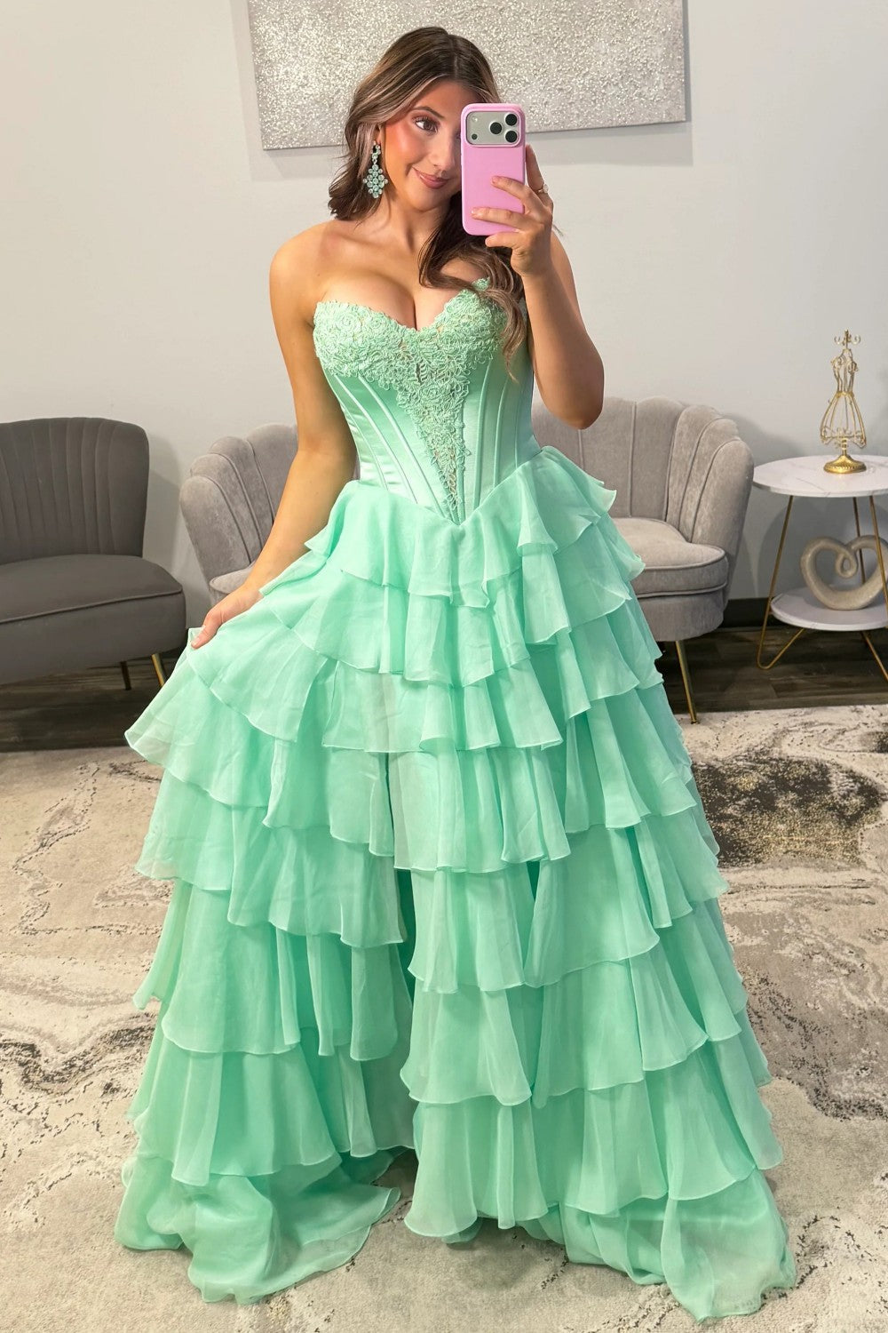 Princess A Line Sweetheart Green Corset Prom Dress with Appliques Ruffles