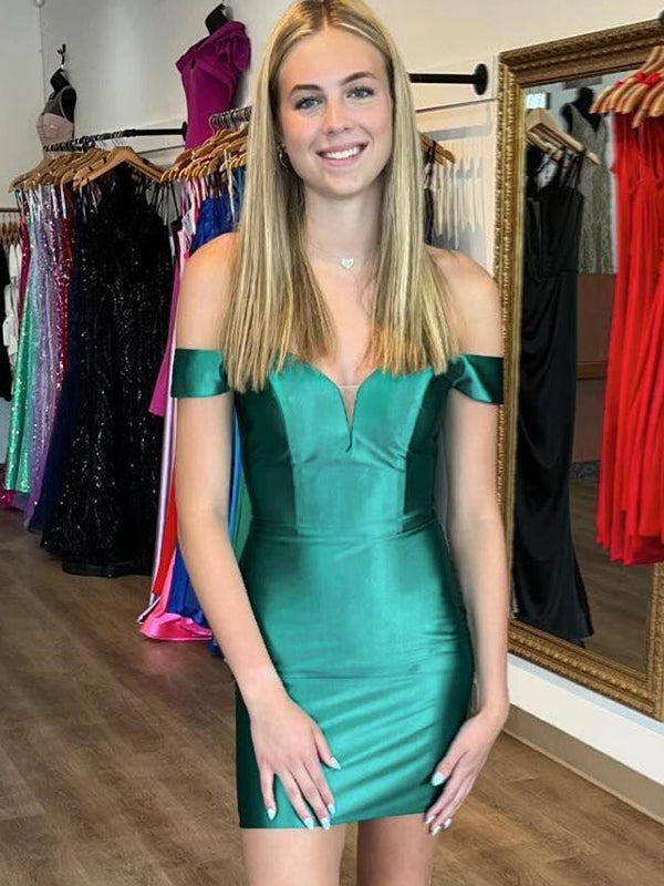 Emerald Green Off the Shoulder Bodycon Satin Short Homecoming Dress