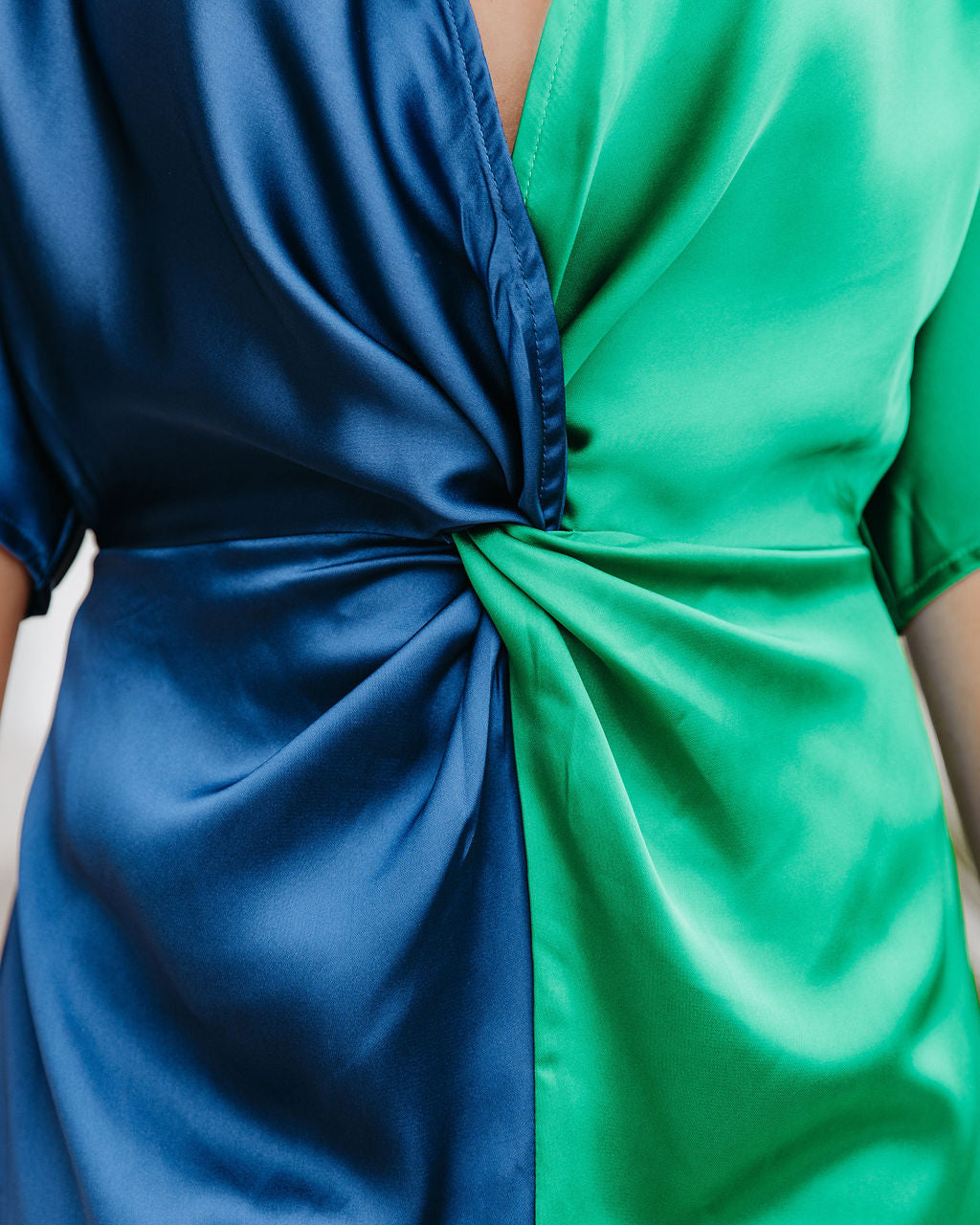 Essex Satin Colorblock Twist Midi Dress Navy Green FINAL