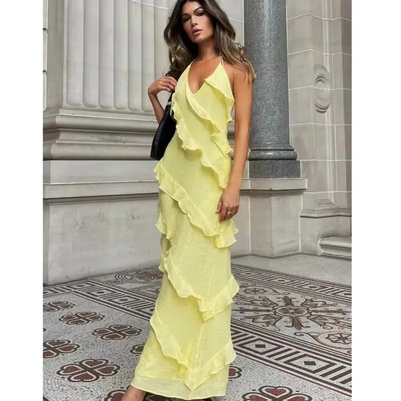 Yellow Long Prom Dresses Sleeveless Ruffles Tiered Sexy Women Evening Party Gowns Custom Made Formal Occasion Dress