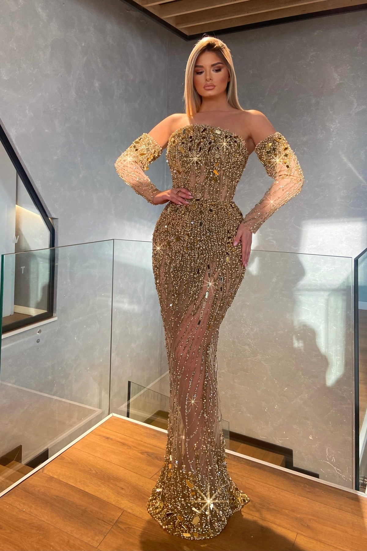 Evening Formal Dress Gold Prom Dress With Beading Sequined With Long Half Sleeves